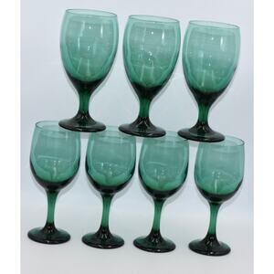 Vintage Libbey Juniper Green Wine/Water Glasses - Set of 7 Teardrop Goblets